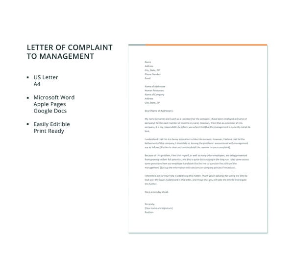 free letter of complaint to management template