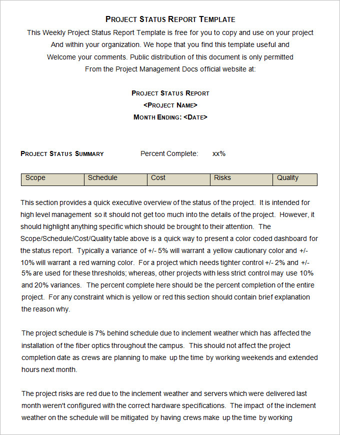 free project status report template