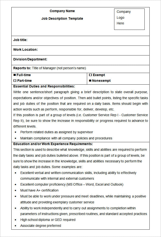 hr job description form template