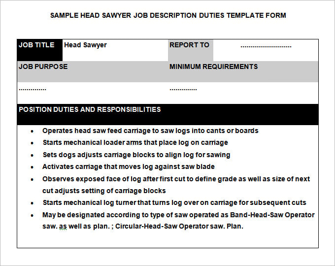 head sawyer job description template