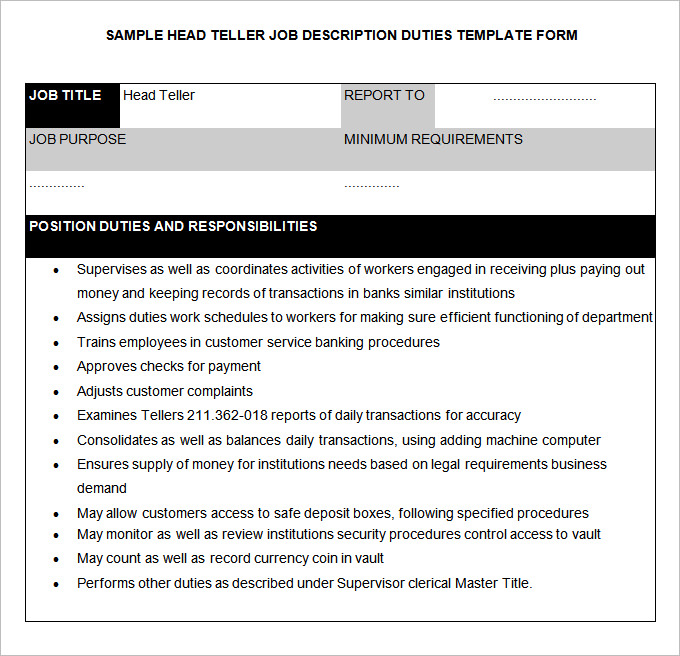 head teller job description template