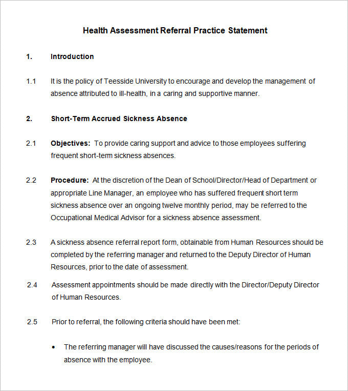 health assessment referral practice statement template