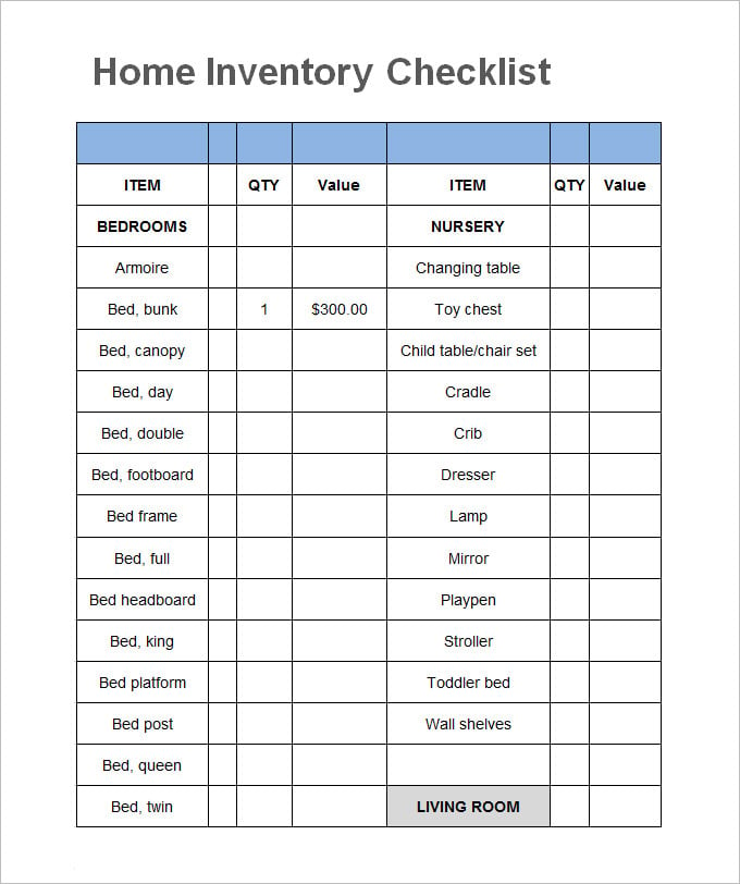 home inventory list template sample