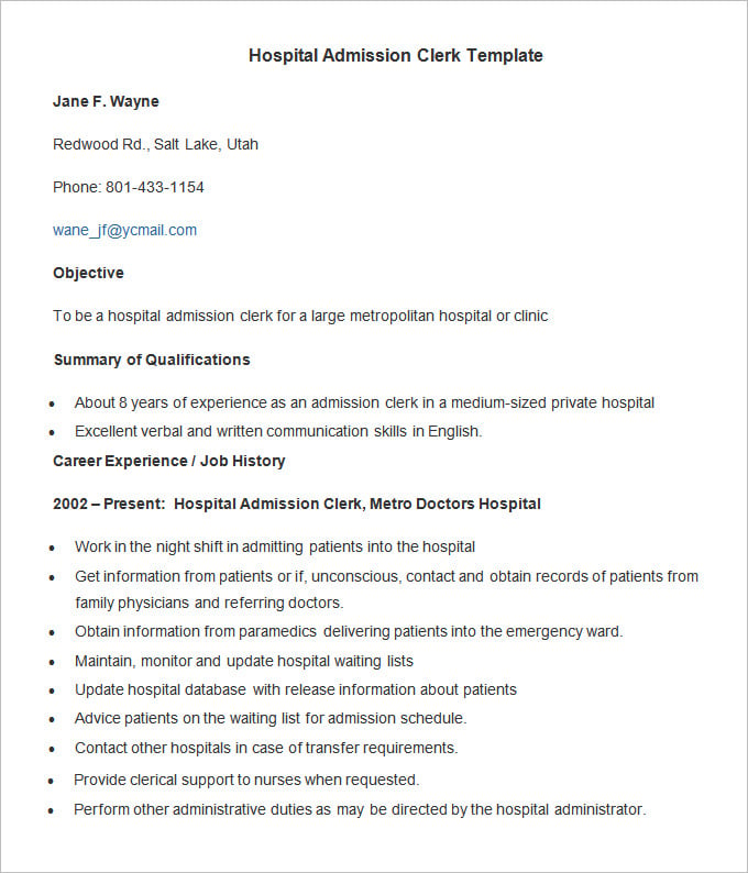 hospital admission clerk template