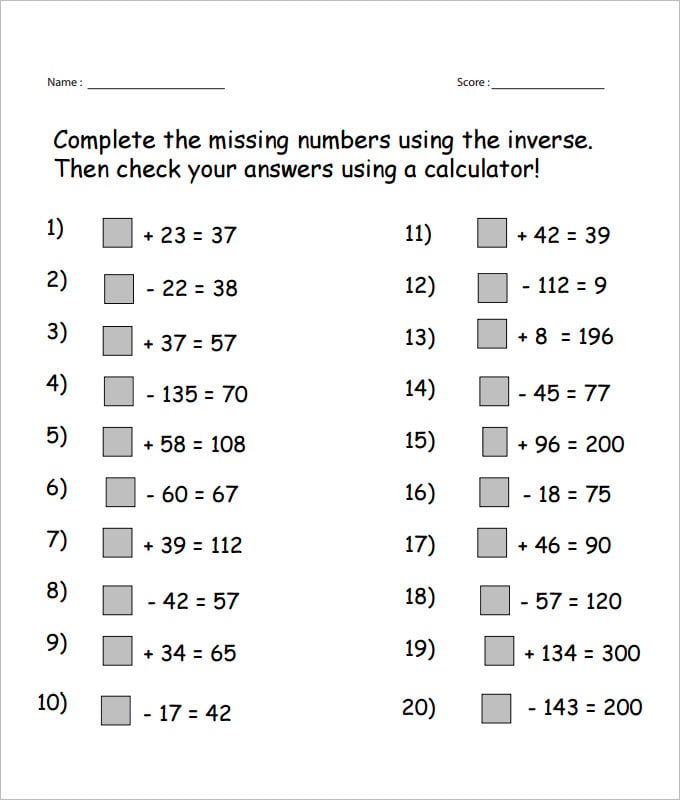 inverse missing numbers worksheet template