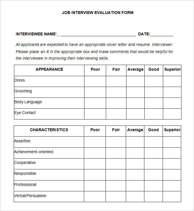 job interview evaluation form