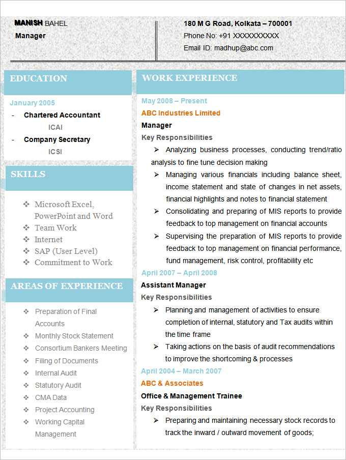 Sample resume for chartered accountant