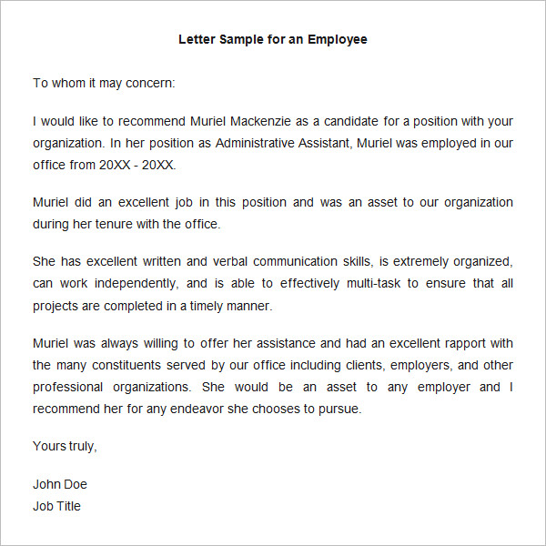 letter sample for an employee recommendation template