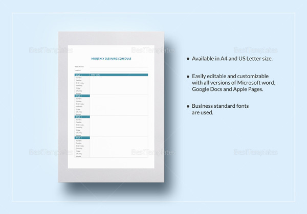 monthly cleaning schedule template to print