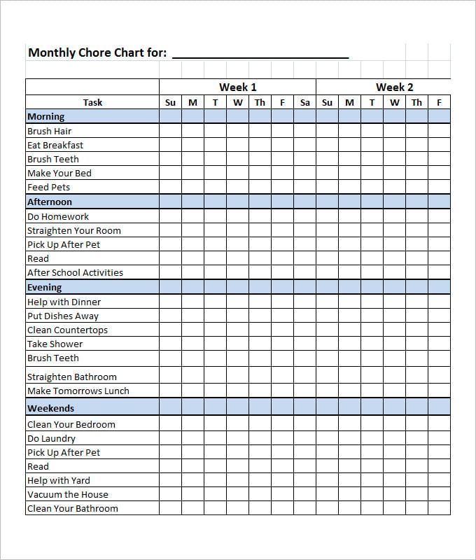 monthly family chore chart template