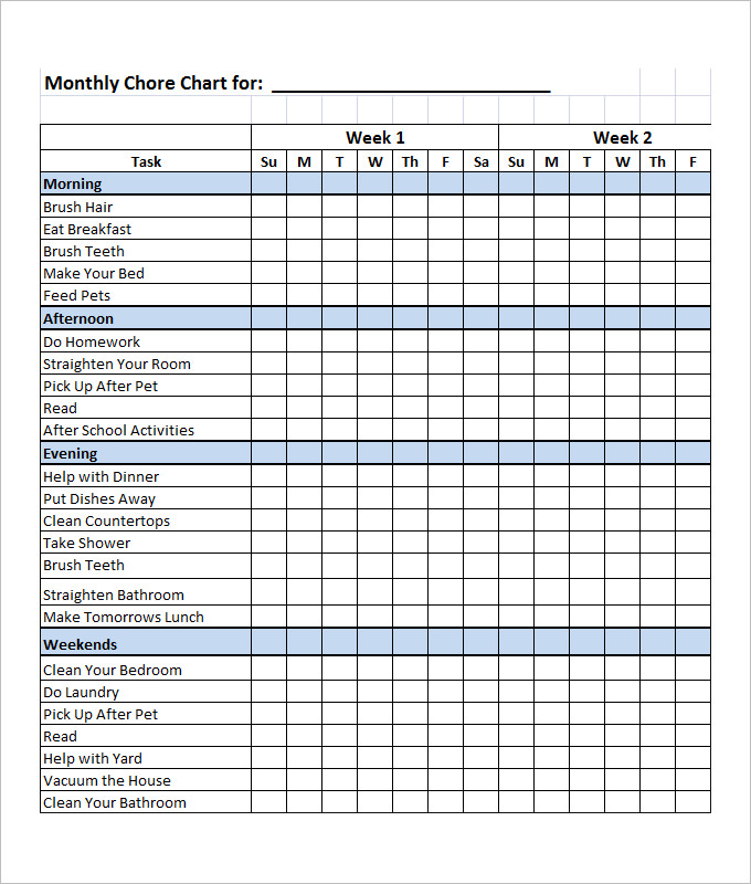 Printable Excel Chore Chart