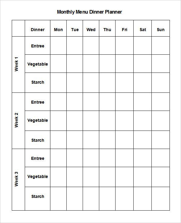 menu calendar template free