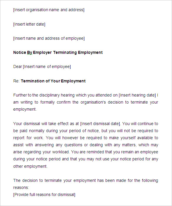 notice period disciplinary termination letter