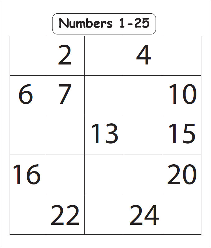 1 25 Number Chart