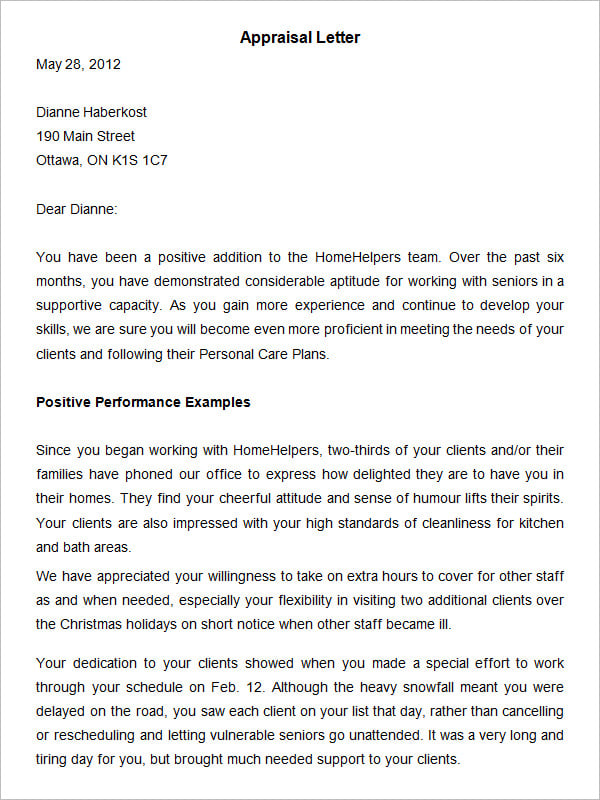performance appraisal letter template