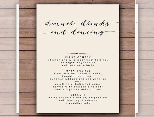 Printable Wedding Dinner Menu template