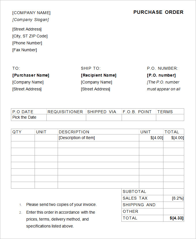 purchase order template for free