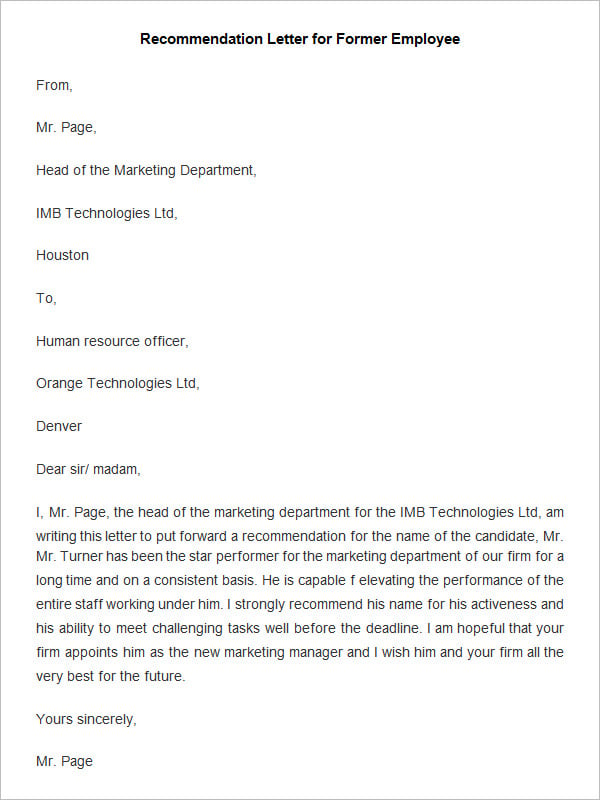  Reference Letter For Former Employee Letter Of Recommendation Former Employee 2019 02 21