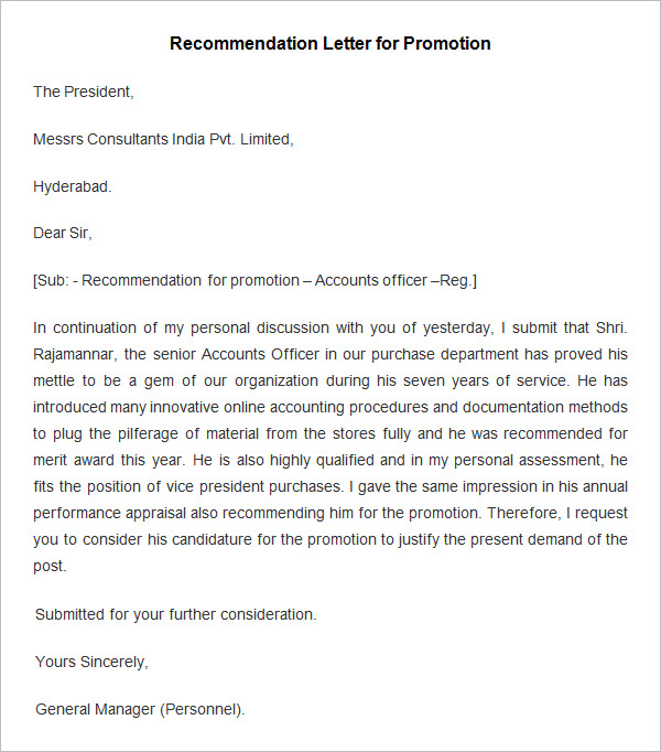 recommendation letter template for promotion