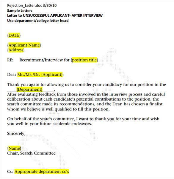 rejection after interview letter