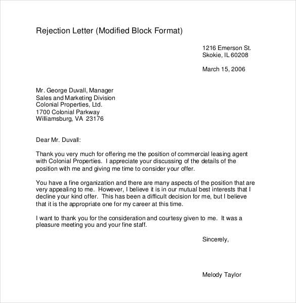 rejection letter format