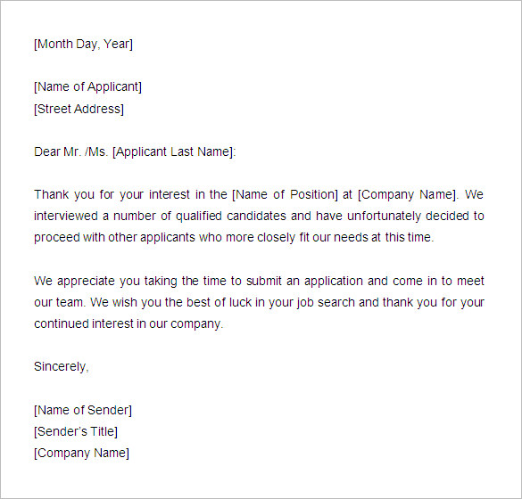 rejection letter template sample