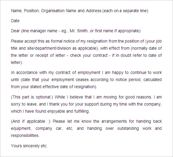 resignation letter with notice period