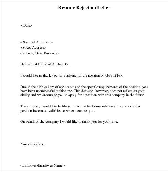 reject resume letter sample