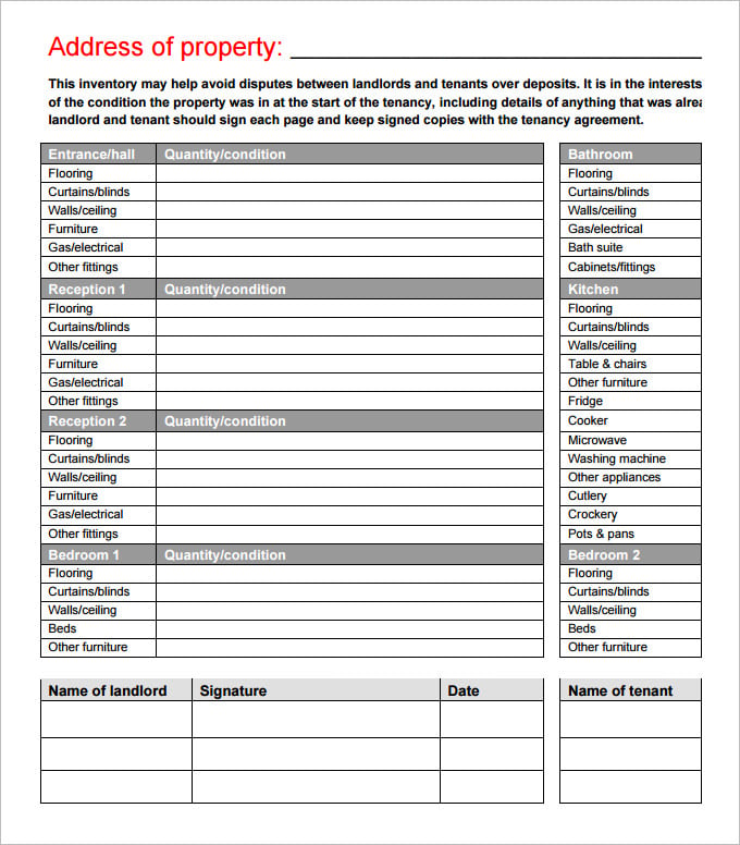 sample address of property inventory template in pdf