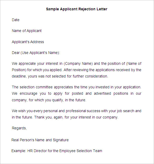 Employment Application Rejection Letter Sample Perfect Portraits Popular