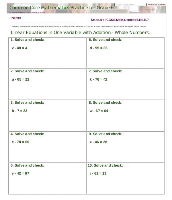 sample basic mathematics common core sheet
