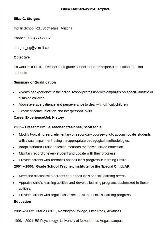 sample-braille-teacher-resume-template