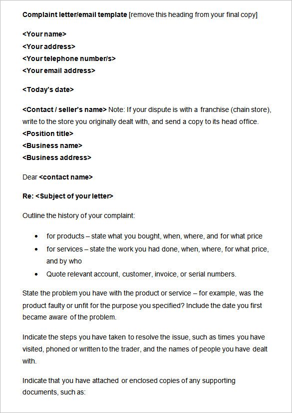sample complaint letter email template
