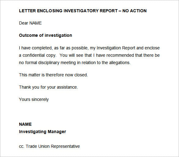 sample desciplinary letter enclosing investigatory report