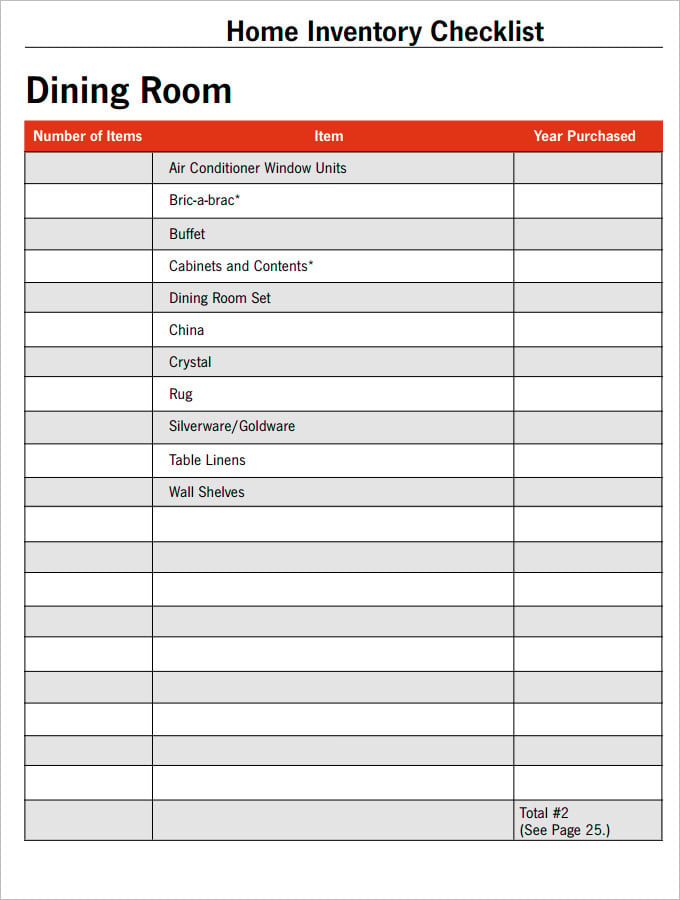 sample dining room inventory checklist template in pdf