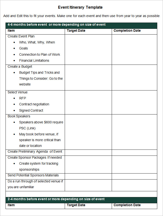 Event Itinerary Sample Master Template