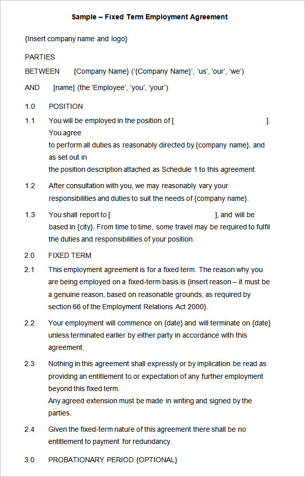 sample fixed term employment agreement