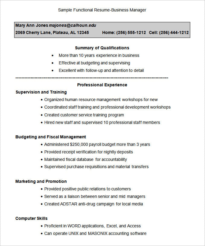 sample functional resume business manager