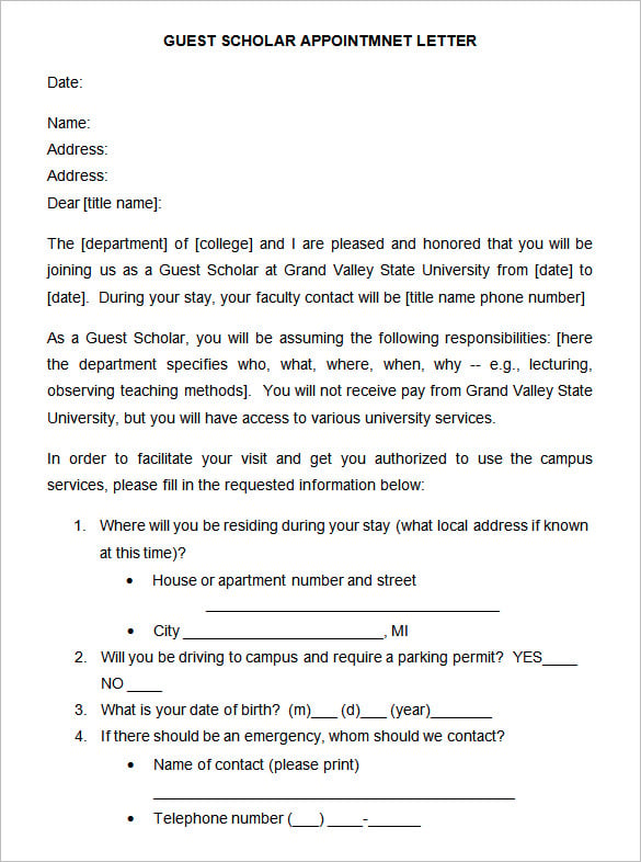 sample guest scholar appointment letter
