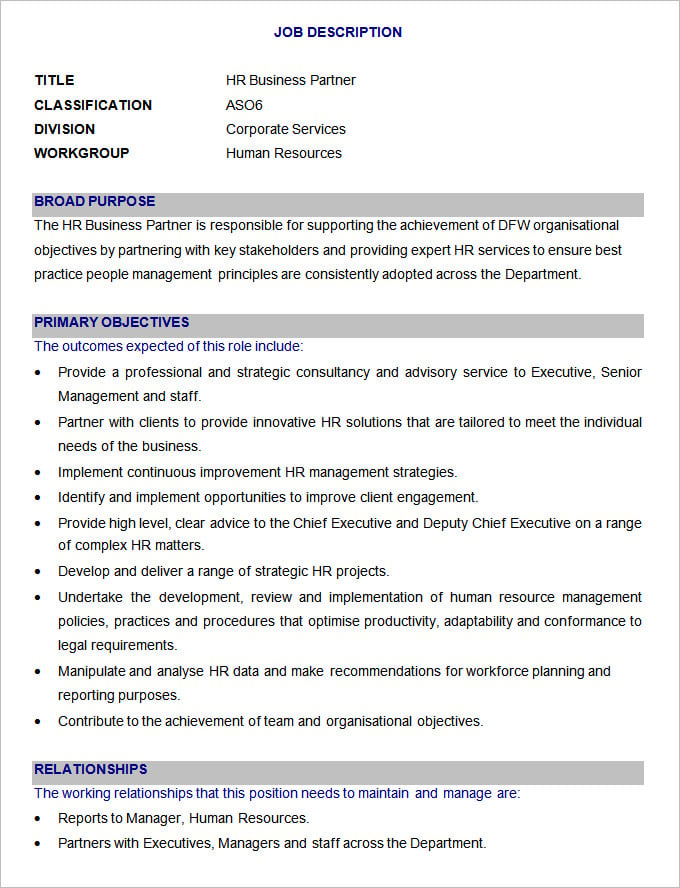 sample hr business partner job description template