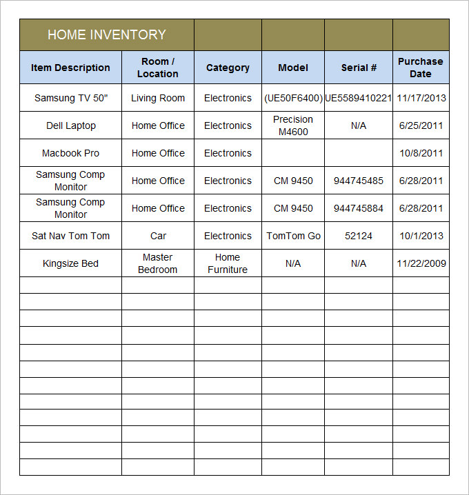 home inventory list excel template