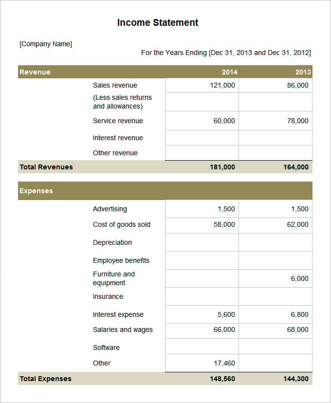sample income statement template free download