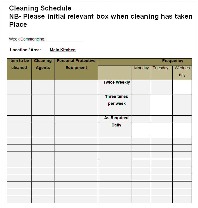 sample kitchen cleaning schedule template