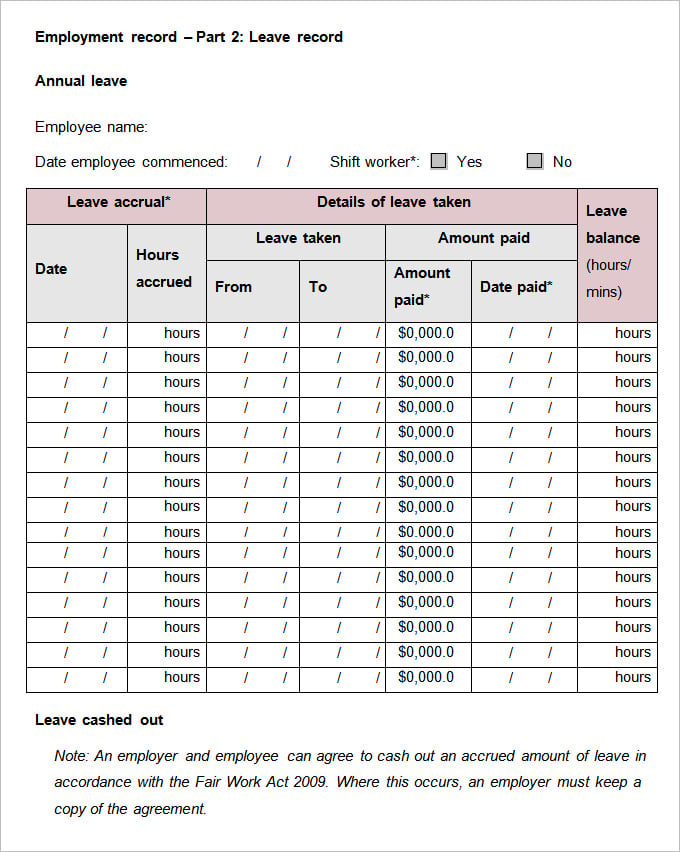 sample leave record template