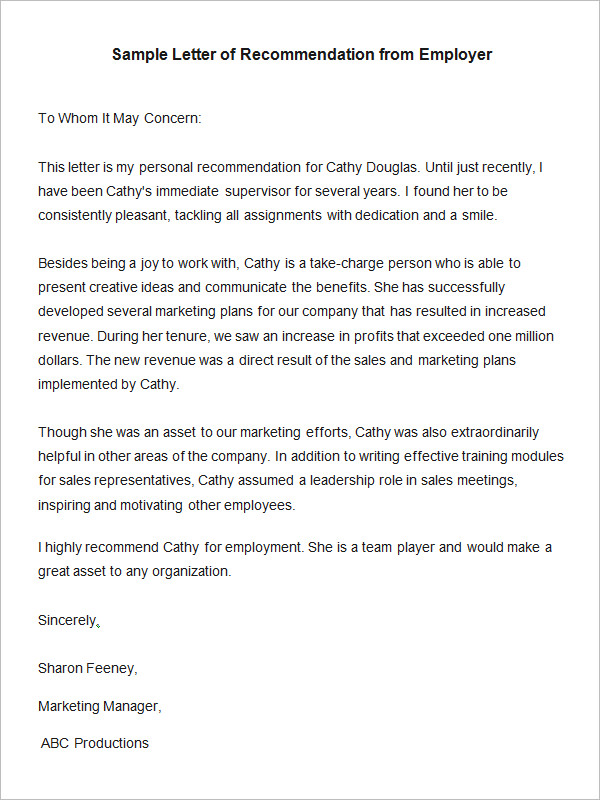 letter of recommendation sample for employee