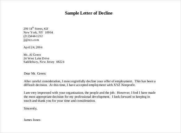 Sample Letter Declining A Job Offer After Accepting It