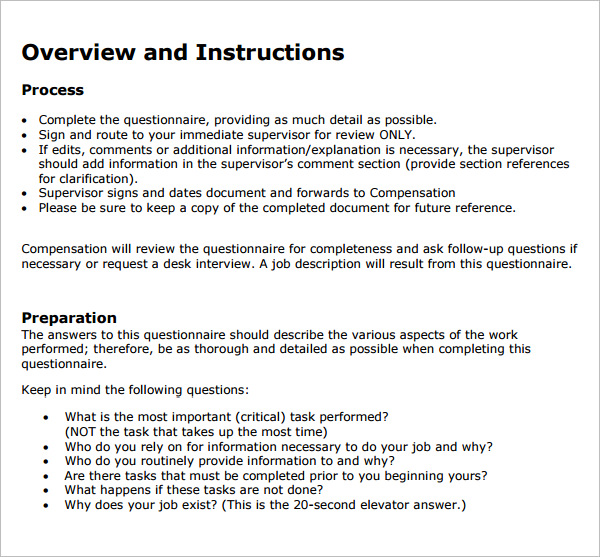 sample position analysis questionnaire