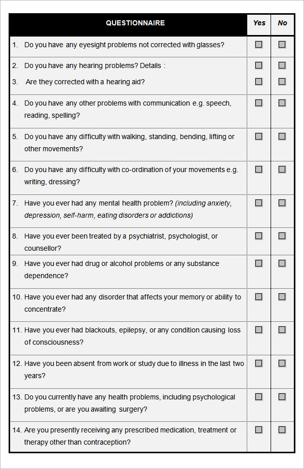 sample pre enrolement health questionnaire