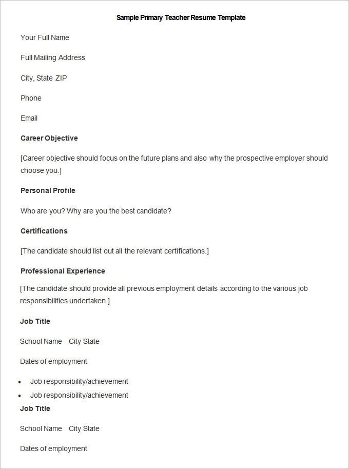 sample-primary-teacher-resume-template