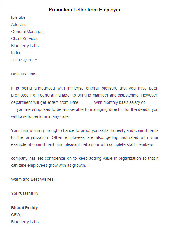 sample promotion letter from employer